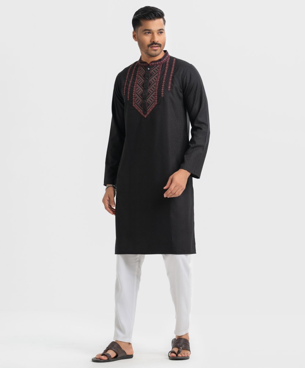 4708850a-cd4a-432a-8773-28f3658f002f Black Jacquard Slim Fitted Panjabi - Image 1